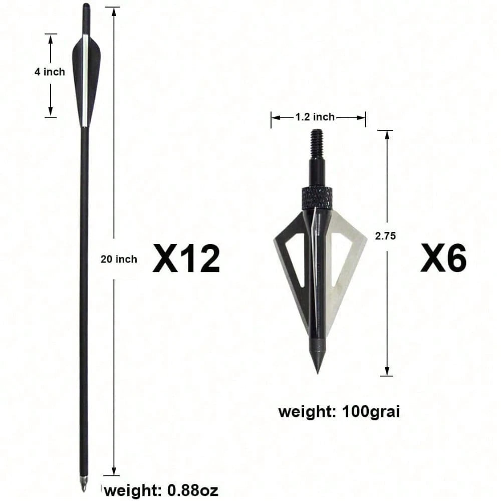 12Pcs 20Inch Crossbow Bolts And 12Pcs Crossbow Broadheads Set Carbon Crossbow Arrows For Hunting And Outdoor Practice(12pcs Arrows +12pcs Broadheads)