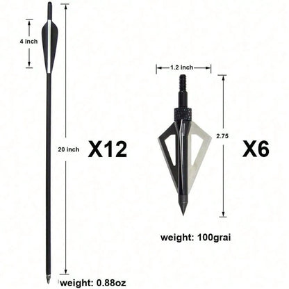 12Pcs 20Inch Crossbow Bolts And 12Pcs Crossbow Broadheads Set Carbon Crossbow Arrows For Hunting And Outdoor Practice(12pcs Arrows +12pcs Broadheads)