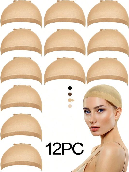 12PCS Beige Wig Caps For Women And Men, Stretchy Nylon Stocking Cap With Closed End Mesh, Breathable & Secure Fit