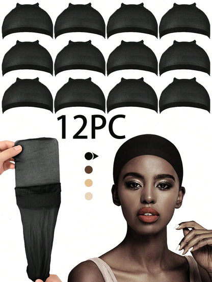 12PCS Beige Wig Caps For Women And Men, Stretchy Nylon Stocking Cap With Closed End Mesh, Breathable & Secure Fit