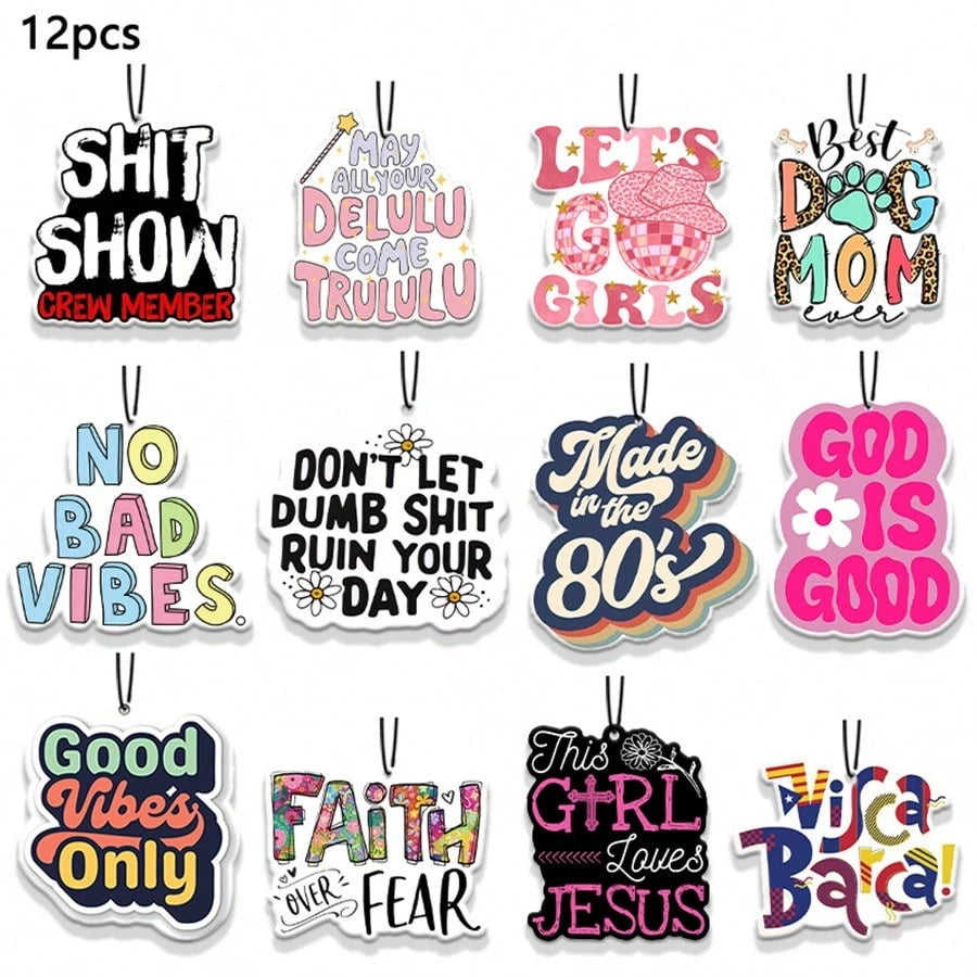 12pcs Car Air Fresheners- Funny Words Freshener Hanging 2.76in Ornaments Refresh Air Fragrant Pendant Essential Gift For 2D Flat Car Accessories Decoration Interior Home Household Long-Lasting Scent