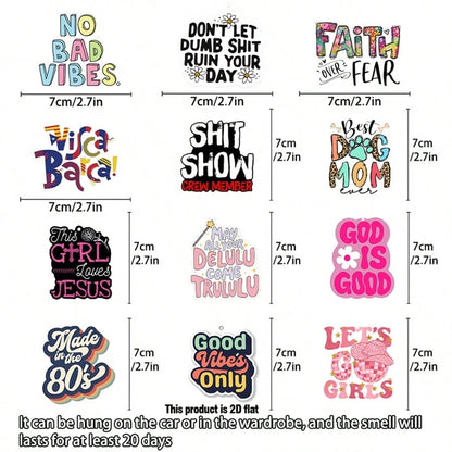 12pcs Car Air Fresheners- Funny Words Freshener Hanging 2.76in Ornaments Refresh Air Fragrant Pendant Essential Gift For 2D Flat Car Accessories Decoration Interior Home Household Long-Lasting Scent