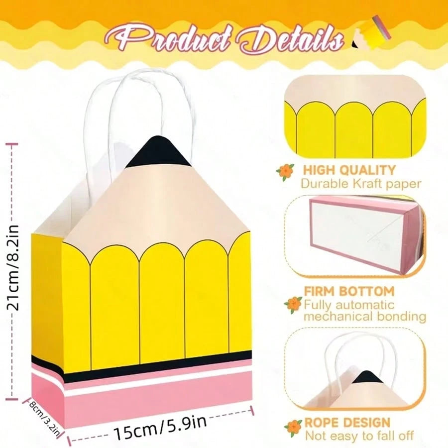 12pcs For Her/Him Teacher Appreciation Gift Bags, Pencil Design Tote Bags With Handles, Back To School Classroom Decor, Suitable For Teacher Appreciation Week, Graduation Party Favors, Gift Wrapping