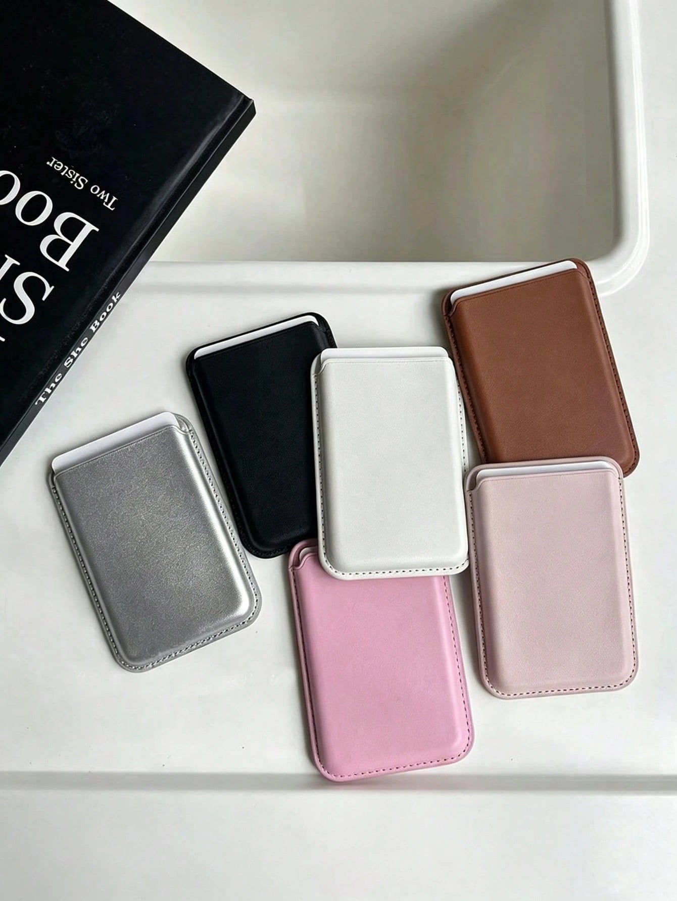12pcs Minimalist Solid Color Magnetic Card Holder Case, Compatible With IPhone 15 Pro/14/13/12 Pro Max Smartphone, Leather Wallet Backcover, Slim Card Sleeve, Access Card Holder With N52 Magnets For C