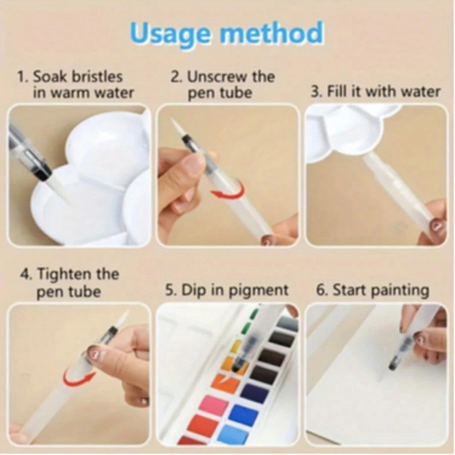 12pcs Water-Soluble Solid Watercolor Painting Soft Hair Brush, Large Capacity Water Storage Pen, Suitable For Beginners, Easy To Use And Refill For Painting