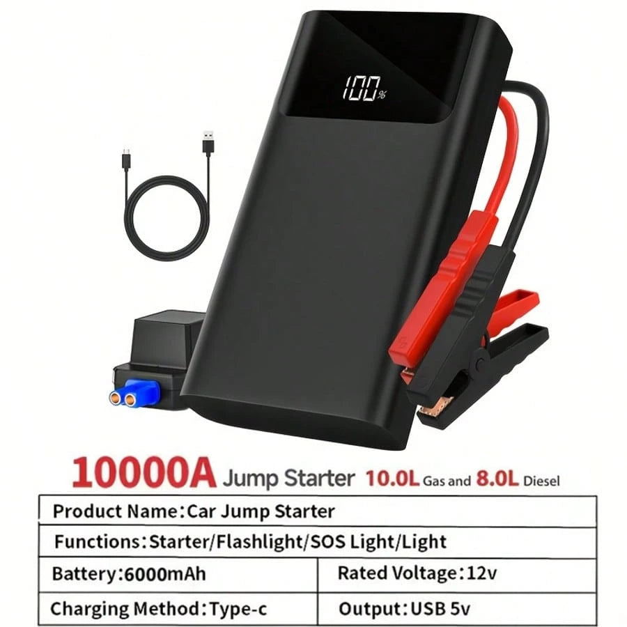 12V Portable Car Jump Starter & Built-In LED Light- Heavy-Duty Self-Starting Power Supply For RV,,, Motorcycle- Emergency Booster (Compatible With 12V Vehicles) (Without An Air Pump)