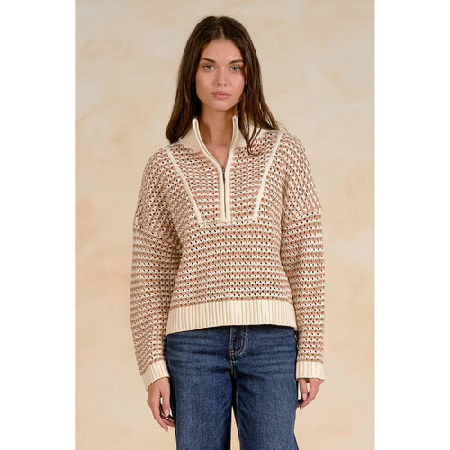1/4 Zip Natural/White Striped Open Knit Sweater