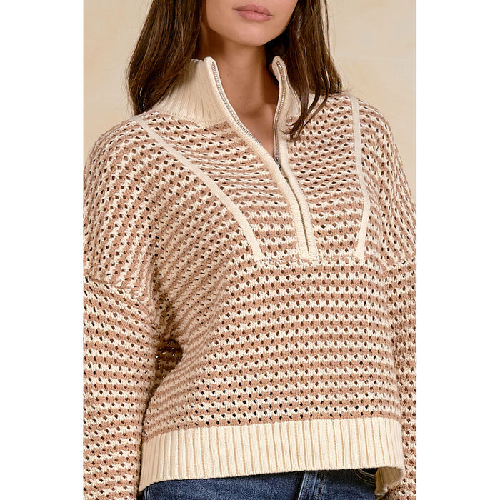 1/4 Zip Natural/White Striped Open Knit Sweater