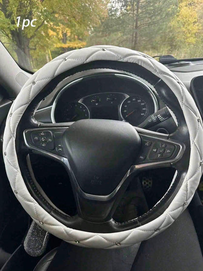 15-Inch Diamond Pattern Leather Shiny Universal Car Steering Wheel Cover- Black & White