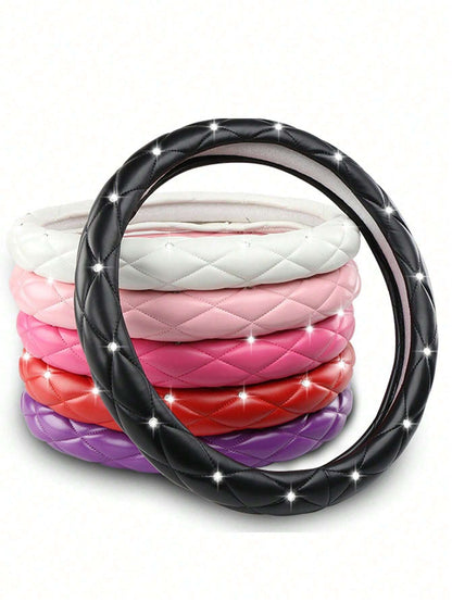 15-Inch Diamond Pattern Leather Shiny Universal Car Steering Wheel Cover- Black & White