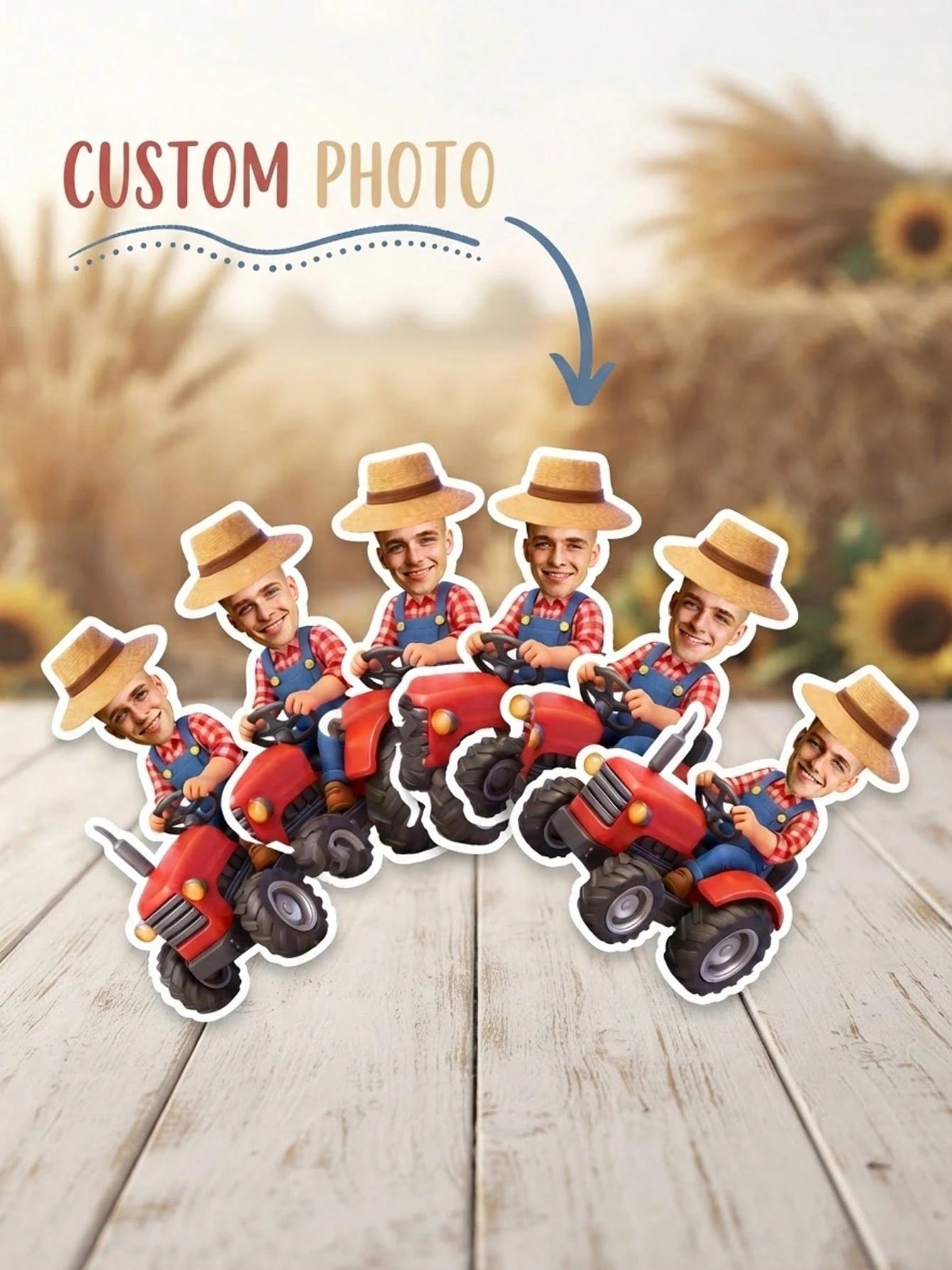 16/32/64pc Custom Photo Farmer Tractor Stickers, Riding Red Farm Tractor Portrait Cutout Stickers, Personalized Farm Tractor Custom Face Stickers,Farm Themed Birthday Party Favors,Barnyard Party Suppl