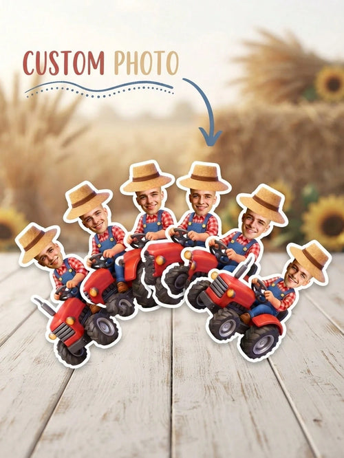 16/32/64pc Custom Photo Farmer Tractor Stickers, Riding Red Farm Tractor Portrait Cutout Stickers, Personalized Farm Tractor Custom Face Stickers,Farm Themed Birthday Party Favors,Barnyard Party Suppl