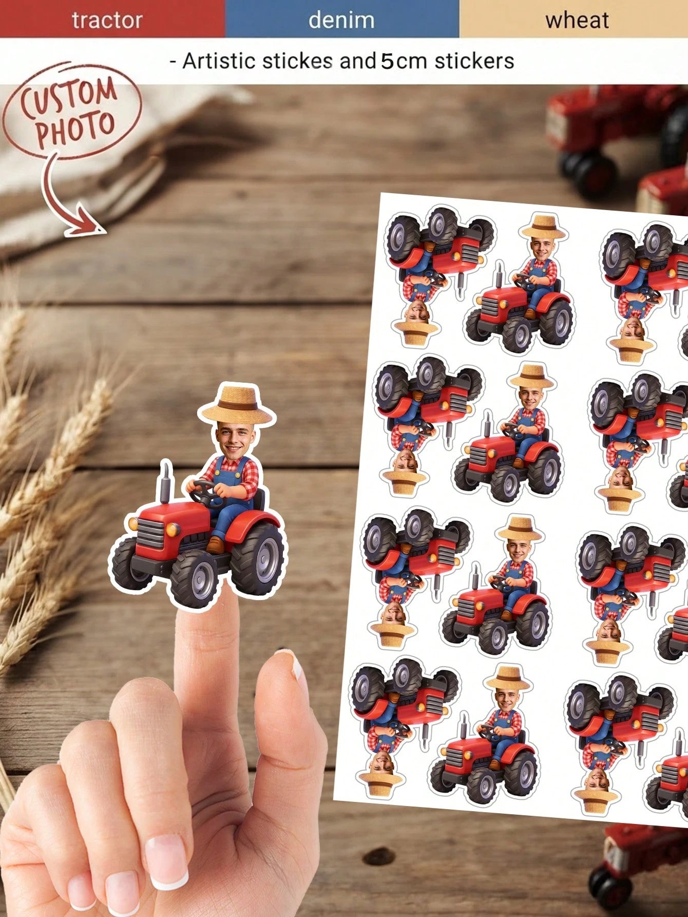 16/32/64pc Custom Photo Farmer Tractor Stickers, Riding Red Farm Tractor Portrait Cutout Stickers, Personalized Farm Tractor Custom Face Stickers,Farm Themed Birthday Party Favors,Barnyard Party Suppl
