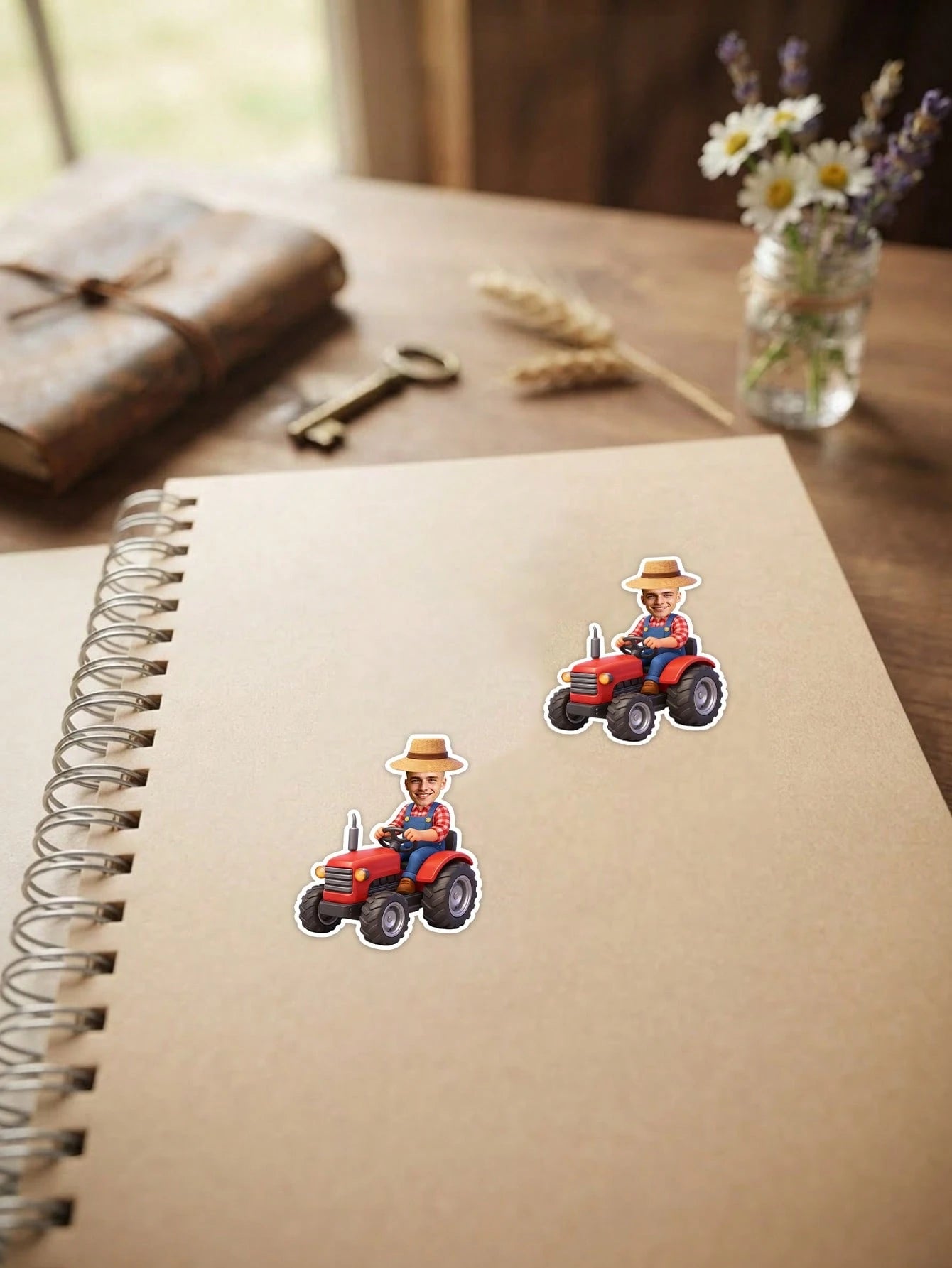 16/32/64pc Custom Photo Farmer Tractor Stickers, Riding Red Farm Tractor Portrait Cutout Stickers, Personalized Farm Tractor Custom Face Stickers,Farm Themed Birthday Party Favors,Barnyard Party Suppl