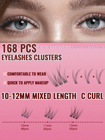 168pcs C-Curl Natural False Eyelashes, Soft Eyelash Clusters, Length 10/11/12mm, Lash Base 5-6mm, Delicate Natural C-Curl, Wide Span, DIY Eyelash Extension, Individual Lashes, Thin Transparent Lash Ba