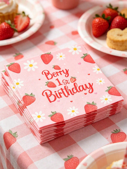 16pcs Strawberry Theme 1st Birthday Paper Napkins, Newborn Baby Birthday Party Disposable Napkins With Daisy Strawberry Pattern, Strawberry Napkins, Gender Reveal Party Tableware Decor, Pink Baby Girl