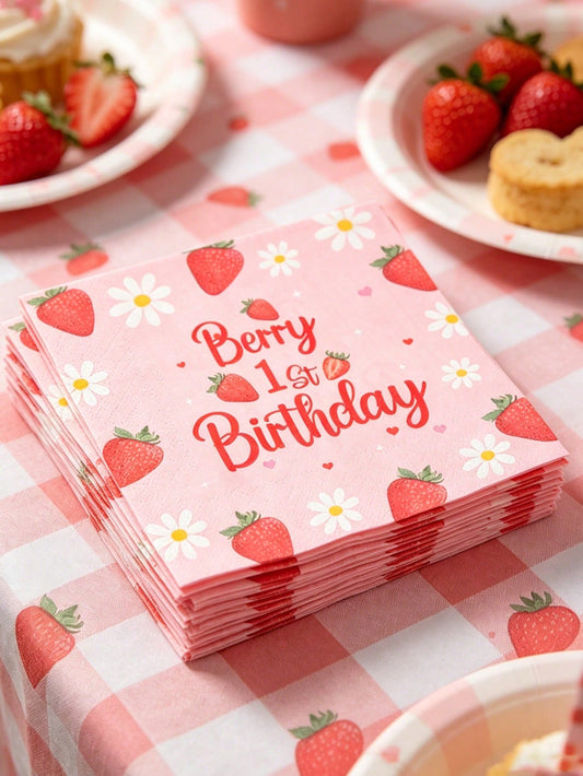 16pcs Strawberry Theme 1st Birthday Paper Napkins, Newborn Baby Birthday Party Disposable Napkins With Daisy Strawberry Pattern, Strawberry Napkins, Gender Reveal Party Tableware Decor, Pink Baby Girl