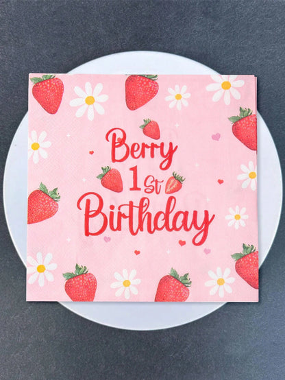 16pcs Strawberry Theme 1st Birthday Paper Napkins, Newborn Baby Birthday Party Disposable Napkins With Daisy Strawberry Pattern, Strawberry Napkins, Gender Reveal Party Tableware Decor, Pink Baby Girl