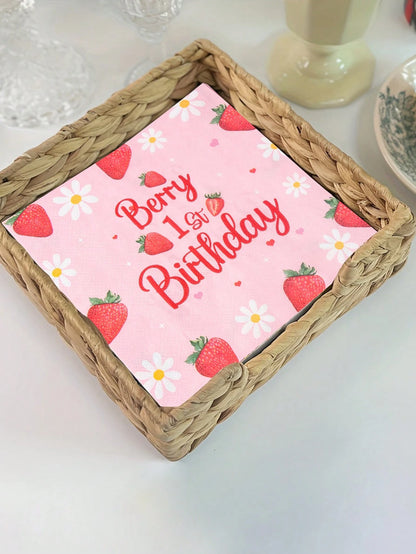 16pcs Strawberry Theme 1st Birthday Paper Napkins, Newborn Baby Birthday Party Disposable Napkins With Daisy Strawberry Pattern, Strawberry Napkins, Gender Reveal Party Tableware Decor, Pink Baby Girl