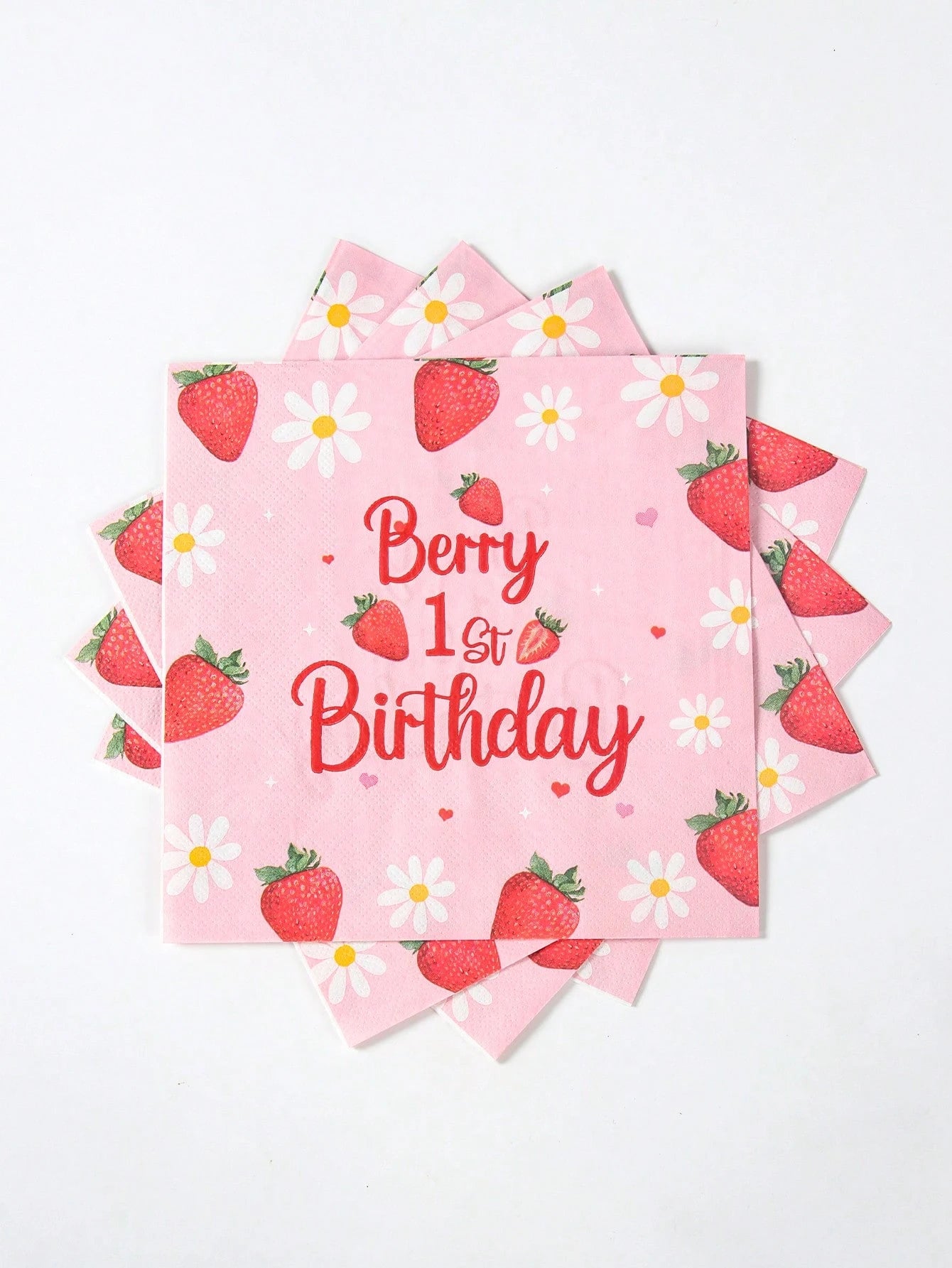 16pcs Strawberry Theme 1st Birthday Paper Napkins, Newborn Baby Birthday Party Disposable Napkins With Daisy Strawberry Pattern, Strawberry Napkins, Gender Reveal Party Tableware Decor, Pink Baby Girl