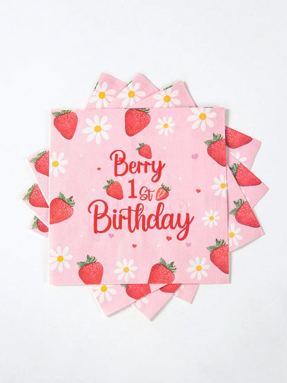 16pcs Strawberry Theme 1st Birthday Paper Napkins, Newborn Baby Birthday Party Disposable Napkins With Daisy Strawberry Pattern, Strawberry Napkins, Gender Reveal Party Tableware Decor, Pink Baby Girl