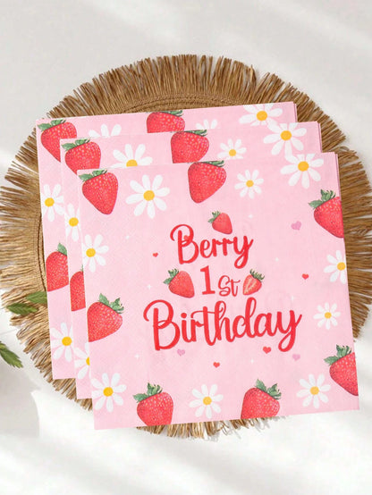 16pcs Strawberry Theme 1st Birthday Paper Napkins, Newborn Baby Birthday Party Disposable Napkins With Daisy Strawberry Pattern, Strawberry Napkins, Gender Reveal Party Tableware Decor, Pink Baby Girl