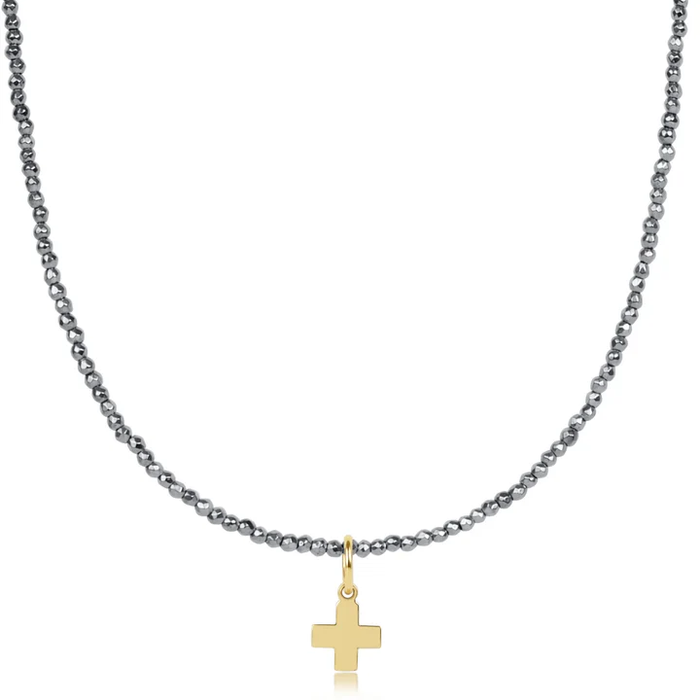 17" Choker Silver Faceted Hematite 2mm Bead Signature Cross Gold Charm