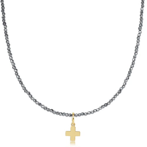 17" Choker Silver Faceted Hematite 2mm Bead Signature Cross Gold Charm