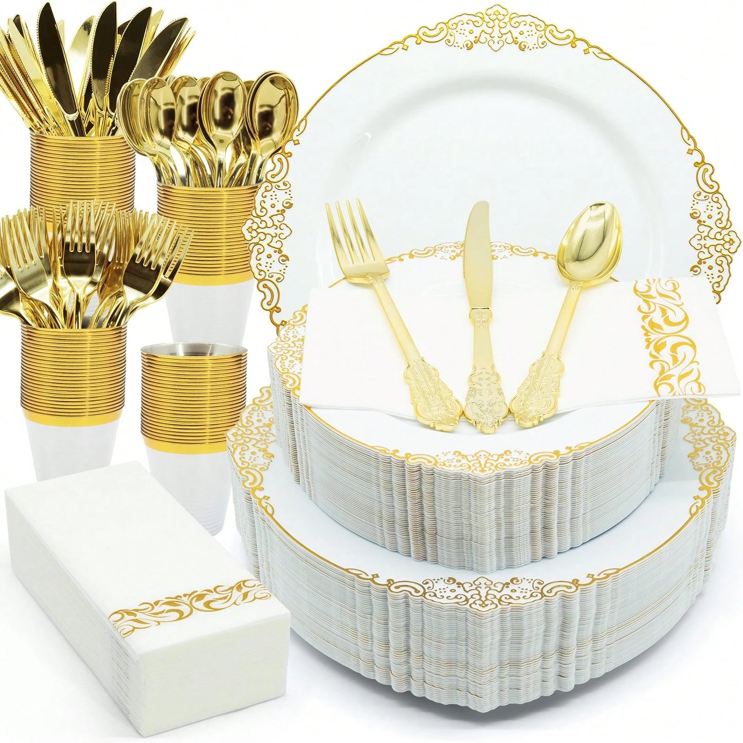 175PCS Plastic White Gold Plates For Party Dinnerware Sets For 25 Guests, Vintage Disposable Plastic Party Plates Cups Spoons Forks Knives Napkins For Wedding Birthday Christmas BBQ Parties