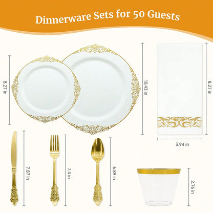 175PCS Plastic White Gold Plates For Party Dinnerware Sets For 25 Guests, Vintage Disposable Plastic Party Plates Cups Spoons Forks Knives Napkins For Wedding Birthday Christmas BBQ Parties