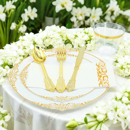 175PCS Plastic White Gold Plates For Party Dinnerware Sets For 25 Guests, Vintage Disposable Plastic Party Plates Cups Spoons Forks Knives Napkins For Wedding Birthday Christmas BBQ Parties