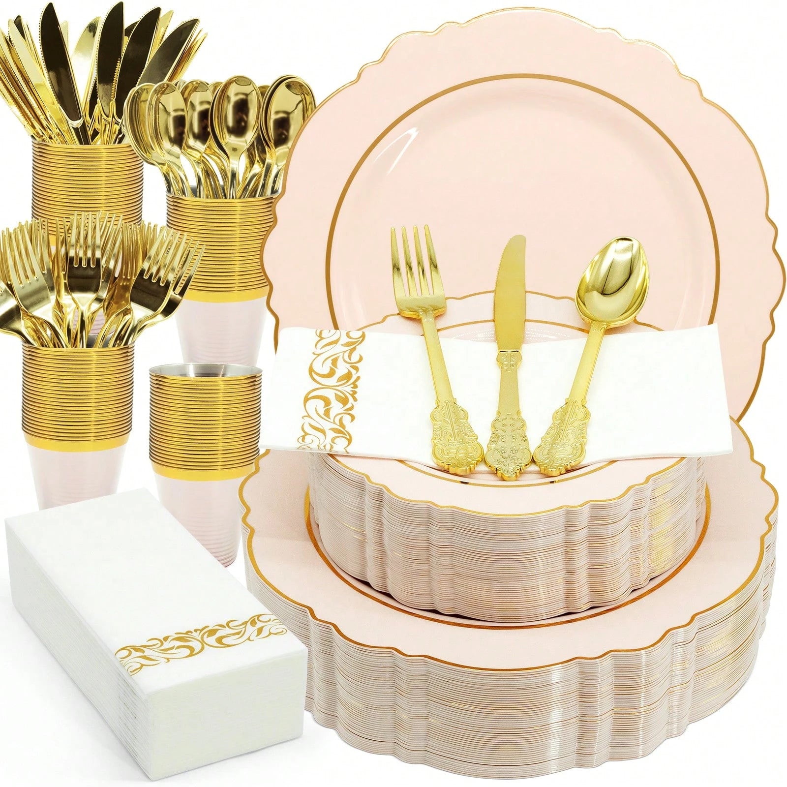 175PCS Plastic White Gold Plates For Party Dinnerware Sets For 25 Guests, Vintage Disposable Plastic Party Plates Cups Spoons Forks Knives Napkins For Wedding Birthday Christmas BBQ Parties
