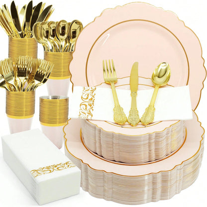 175PCS Plastic White Gold Plates For Party Dinnerware Sets For 25 Guests, Vintage Disposable Plastic Party Plates Cups Spoons Forks Knives Napkins For Wedding Birthday Christmas BBQ Parties
