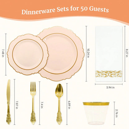 175PCS Plastic White Gold Plates For Party Dinnerware Sets For 25 Guests, Vintage Disposable Plastic Party Plates Cups Spoons Forks Knives Napkins For Wedding Birthday Christmas BBQ Parties