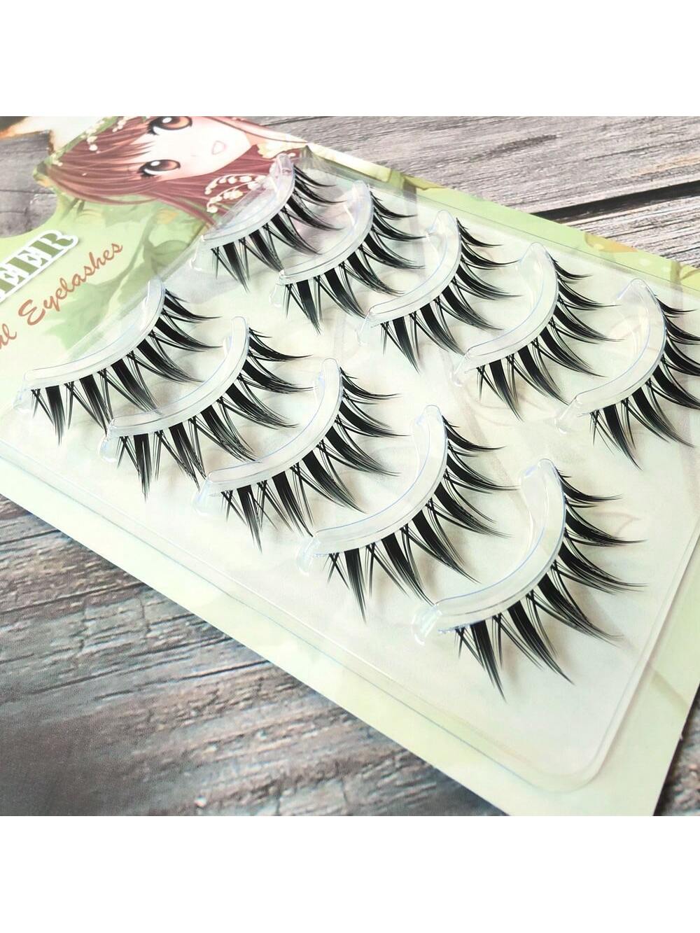 1box 5pairs Natural Style Mixed Blood Feeling False Eyelashes, Transparent Stems Thick Tail Camellia Cartoon Eye Lashes Strip Lashes, Lashes, Eyelashes, Fake Lashes