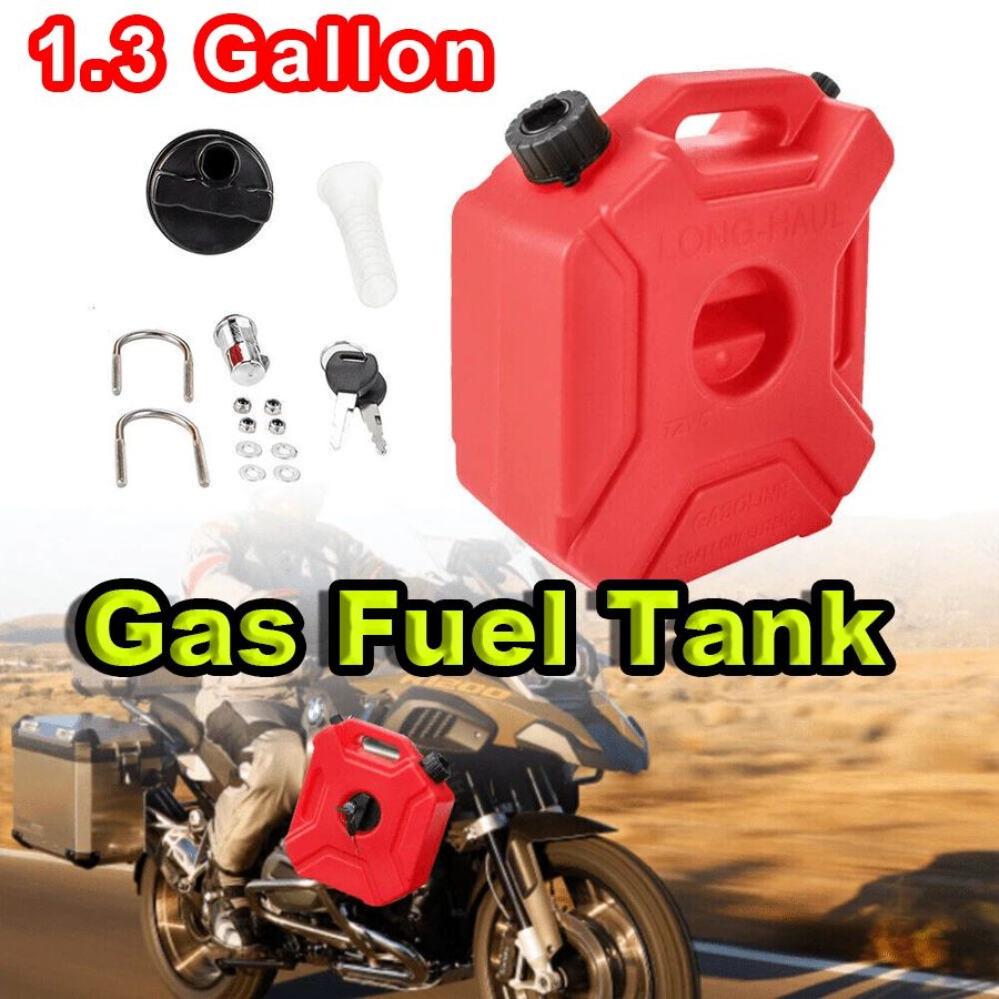 1pc 1.3 Gallon Red Gas Fuel Tank, Durable Plastic Material, ATV/UTV Motorcycle Fuel Storage Can; Bold Red Functional Style, Compact Rectangular Shape With Lockable Cap, Mounting Hardware & Portable Ha