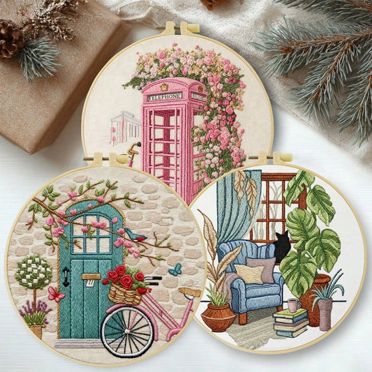 1PC 20*20cm/7.9*7.9in,Vintage Architecture Embroidery Kit, DIY Handmade Embroidery Set For Adult Beginners, Home Gift, Women's Sewing Gift, Including User Manual, Printed Pattern Fabric, Embroidery Fr