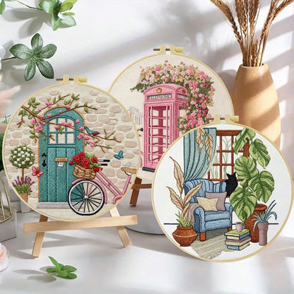 1PC 20*20cm/7.9*7.9in,Vintage Architecture Embroidery Kit, DIY Handmade Embroidery Set For Adult Beginners, Home Gift, Women's Sewing Gift, Including User Manual, Printed Pattern Fabric, Embroidery Fr