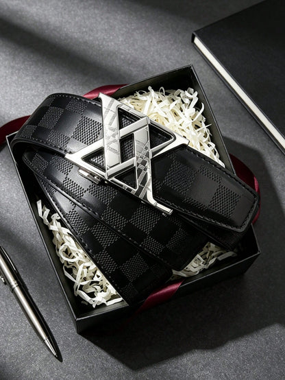 1pc 2026 New Fashion Men's Belt, Classic Letter Design, Premium Alloy Automatic Buckle, Paired With High-Quality PU Leather Strap, Lightweight Business Style, Perfect Gift Choice