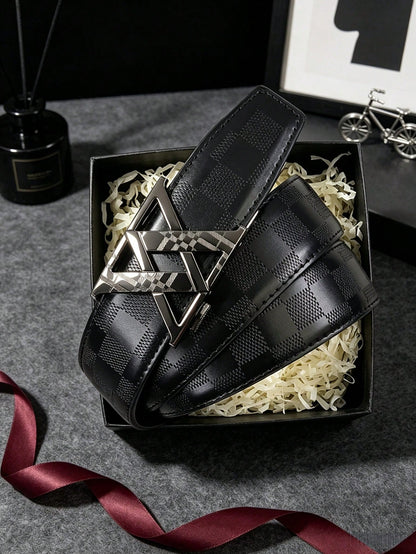 1pc 2026 New Fashion Men's Belt, Classic Letter Design, Premium Alloy Automatic Buckle, Paired With High-Quality PU Leather Strap, Lightweight Business Style, Perfect Gift Choice