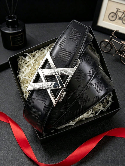 1pc 2026 New Fashion Men's Belt, Classic Letter Design, Premium Alloy Automatic Buckle, Paired With High-Quality PU Leather Strap, Lightweight Business Style, Perfect Gift Choice