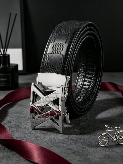 1pc 2026 New Fashion Men's Belt, Classic Letter Design, Premium Alloy Automatic Buckle, Paired With High-Quality PU Leather Strap, Lightweight Business Style, Perfect Gift Choice