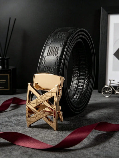 1pc 2026 New Fashion Men's Belt, Classic Letter Design, Premium Alloy Automatic Buckle, Paired With High-Quality PU Leather Strap, Lightweight Business Style, Perfect Gift Choice