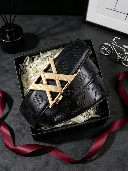 1pc 2026 New Fashion Men's Belt, Classic Letter Design, Premium Alloy Automatic Buckle, Paired With High-Quality PU Leather Strap, Lightweight Business Style, Perfect Gift Choice