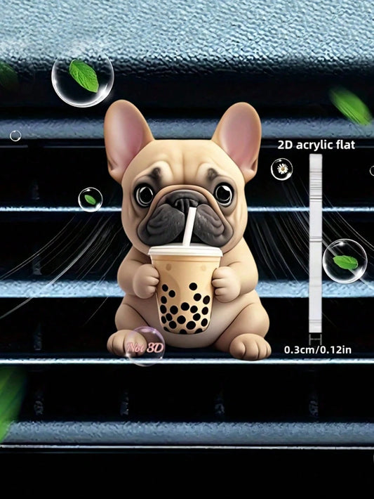 1pc 2D Acrylic Cute French Bulldog Drinking Bubble Tea Car Air Vent Clip, Decorative And Functional Car Vent Accessory