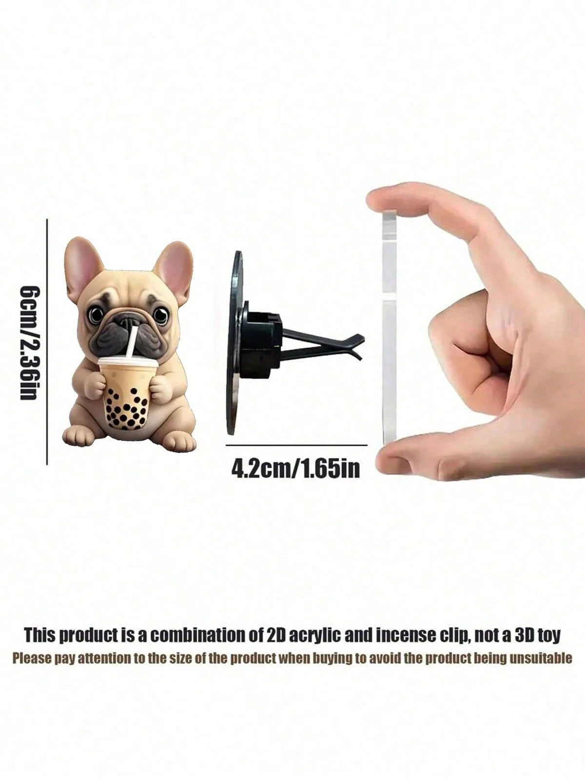 1pc 2D Acrylic Cute French Bulldog Drinking Bubble Tea Car Air Vent Clip, Decorative And Functional Car Vent Accessory