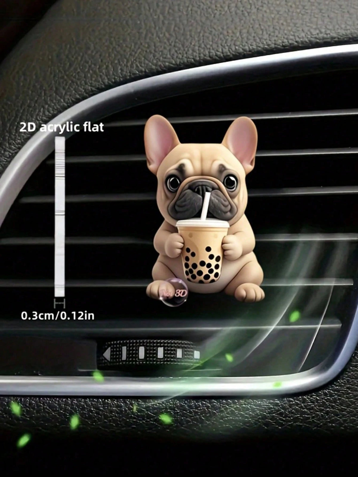 1pc 2D Acrylic Cute French Bulldog Drinking Bubble Tea Car Air Vent Clip, Decorative And Functional Car Vent Accessory