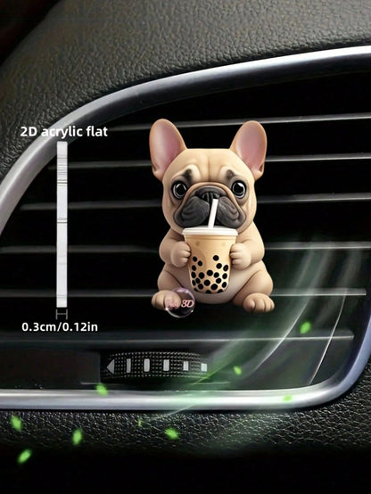 1pc 2D Acrylic Cute French Bulldog Drinking Bubble Tea Car Air Vent Clip, Decorative And Functional Car Vent Accessory