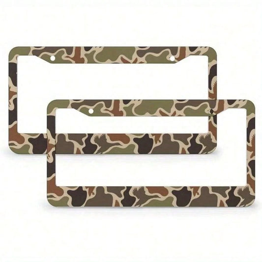1pc 2D Flat Hunting Duck Camouflage Double Hole Aluminum License Plate Frame- Rustproof, Unisex (122x6.3inch)- Standard American Car License Plate Protector, Hunting Theme, Durable, Designed For Adv