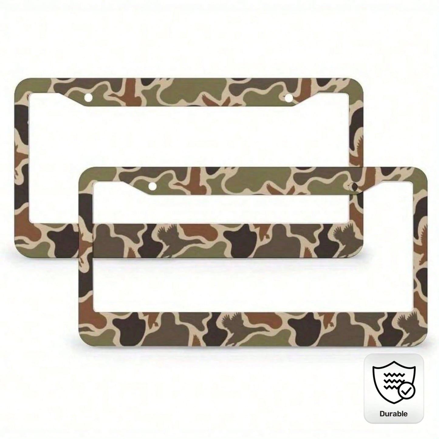 1pc 2D Flat Hunting Duck Camouflage Double Hole Aluminum License Plate Frame- Rustproof, Unisex (122x6.3inch)- Standard American Car License Plate Protector, Hunting Theme, Durable, Designed For Adv